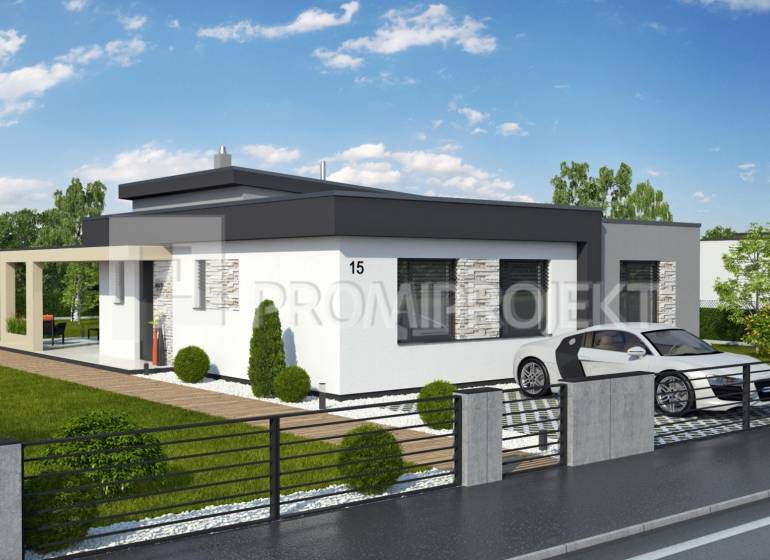 A family house in Štvrtok with a landscaped garden and a garage.