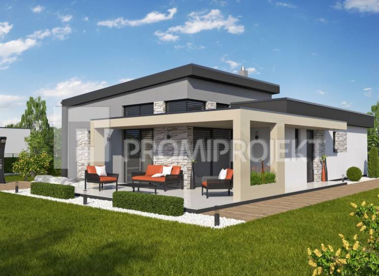 The family house in Štvrtok has a terrace, stone cladding, and a landscaped garden.