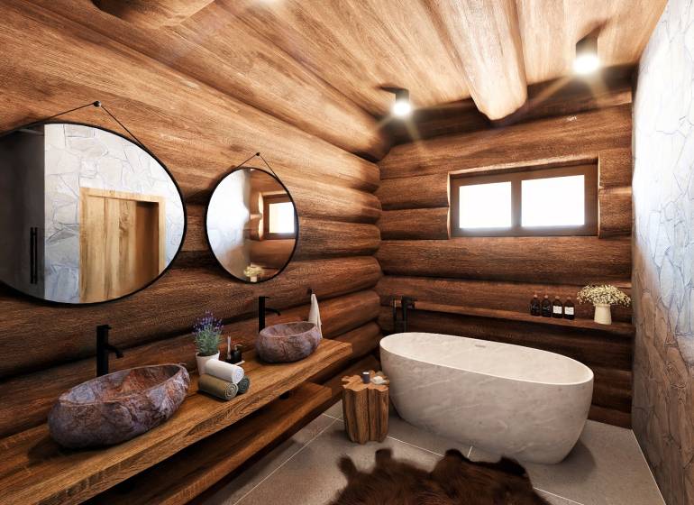 Bathroom made of wood, stone sinks, bathtub, mirrors; House construction.