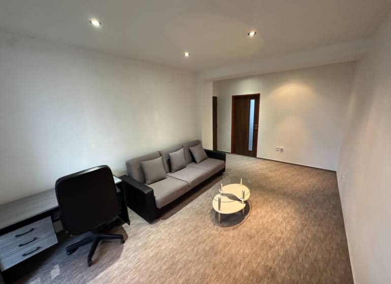 Living room with a sofa and a table in a 2-room apartment, with a carpet on the floor.