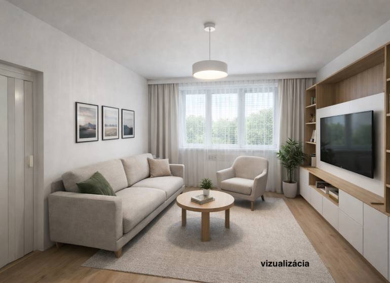 Living room in a 3-room apartment with a sofa, an armchair, and a wooden-patterned floor.