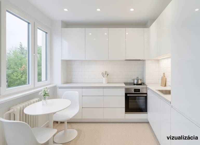 A kitchen in a 2-room apartment with a white kitchen unit, a dining table, and large windows.