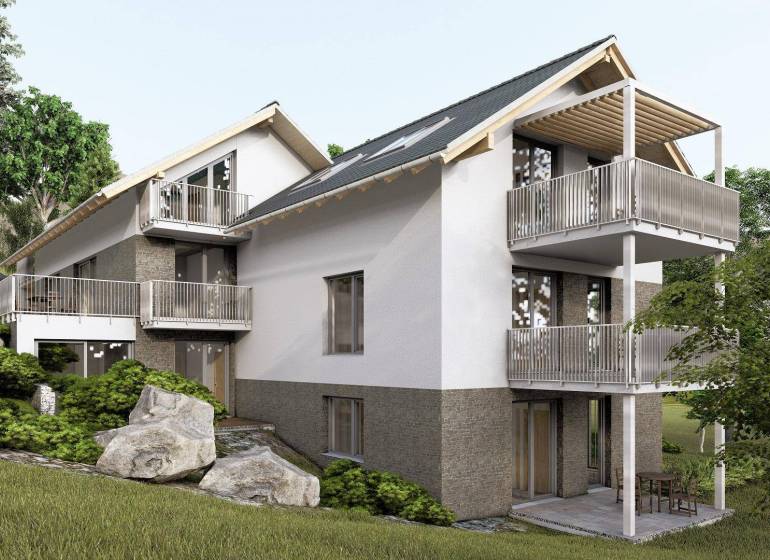 A recreational apartment in Starý Smokovec with terraces and a garden, surrounded by greenery and trees.