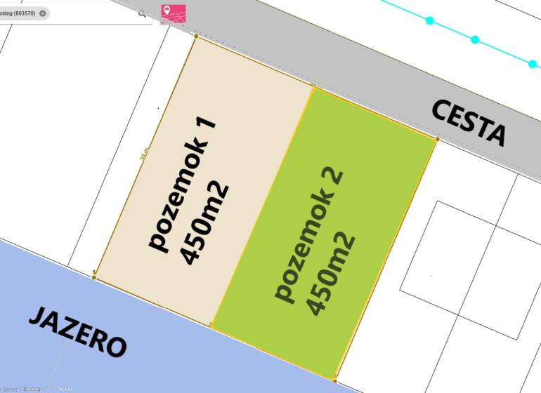 The map shows **plots - housing** in Boldog by the lake, both 450m².