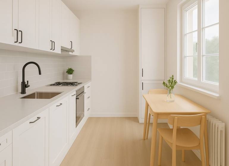 A kitchen in a 3-room apartment with a wooden floor decor, white cabinets, and a dining table.