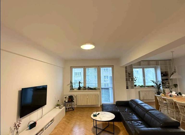 Living room in a 4-room apartment with a wood-patterned floor, black sofa, and TV.