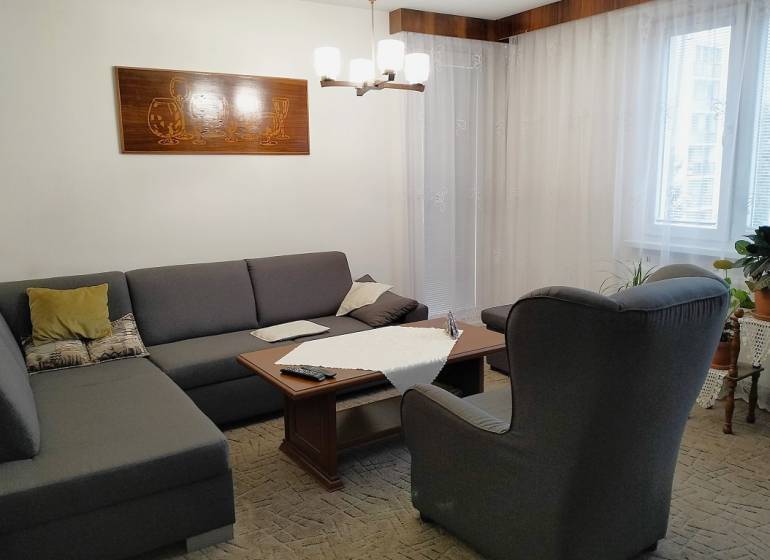 Living room in a three-room apartment with a sofa, an armchair, and a table.