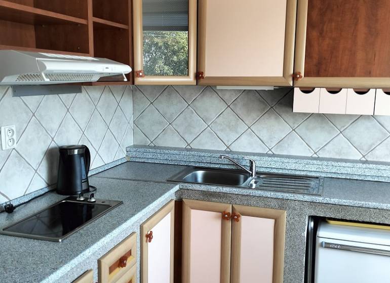 A kitchen in a studio apartment with a kitchen unit and a floor with a wooden decor.