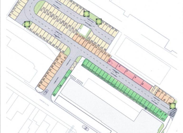 Urban planning of garages on Vrbovská Road in Piešťany with the layout of parking spaces.