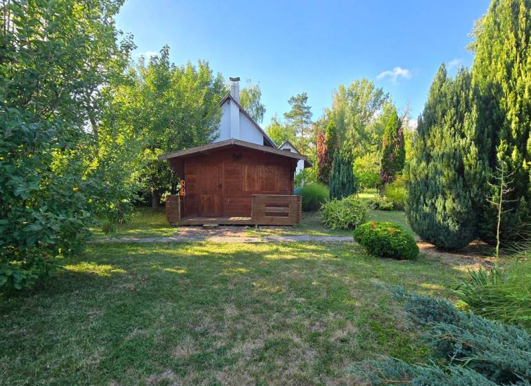 A cottage in Úľany nad Žitavou surrounded by green trees and lawn.