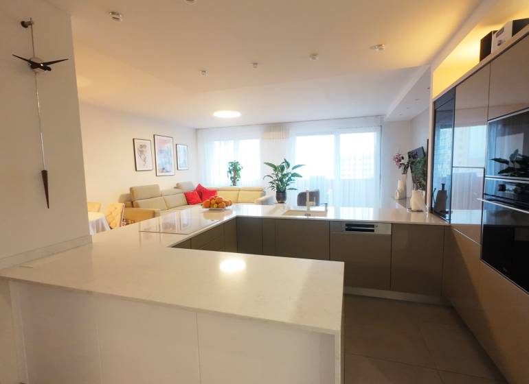 A kitchen corner in a 4-room apartment with a countertop, appliances, and a bright living room in the background.