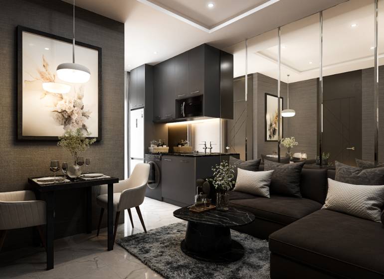 Luxury interior of a 2-room apartment with elegant furniture and artistic accessories.