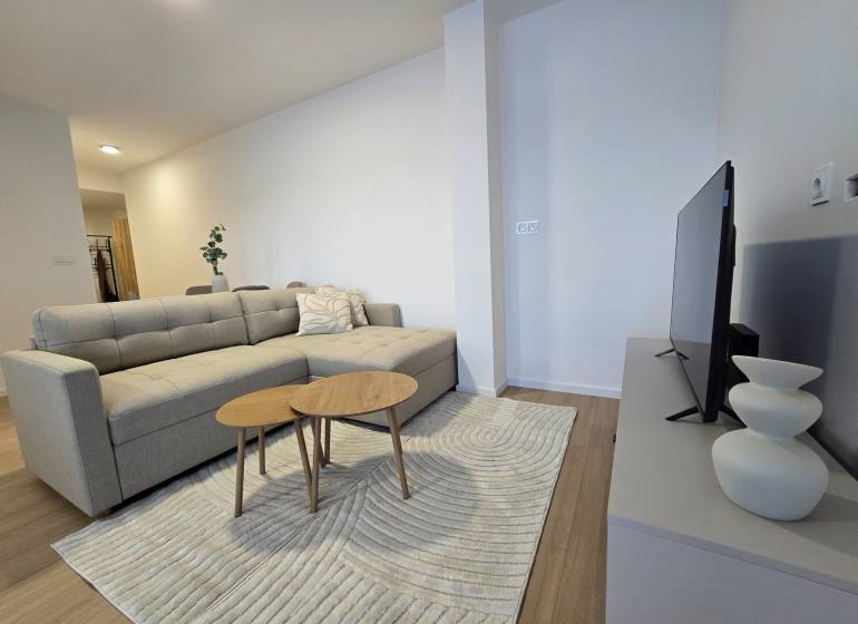 Living room with a sofa and a television, 3-room apartment with wood-patterned flooring.