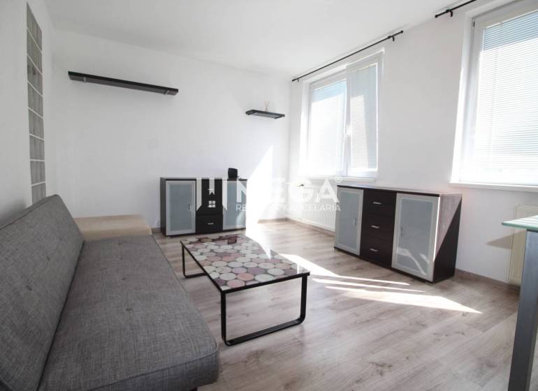 Living room in a two-room apartment with a sofa, glass table, and wooden decor flooring.