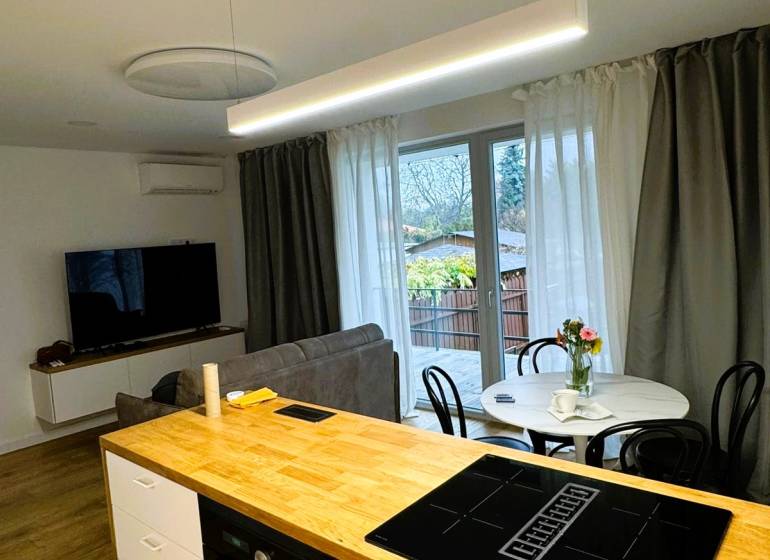 Kitchen island with a cooktop, dining table, and sofa in a family house.