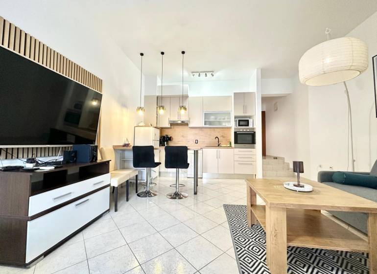 Recreational apartment with a spacious living room, kitchen, and television.