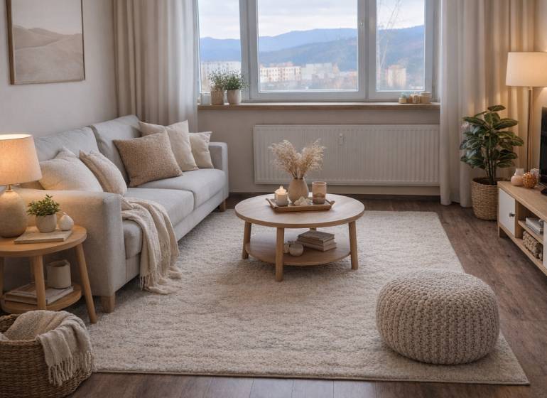 Living room in a 3-room apartment with a wooden decor floor and comfortable seating.