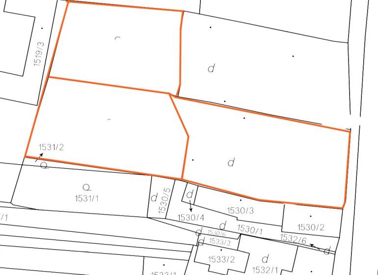 Cadastral map with marked plots designated for residential land in Radzovce.