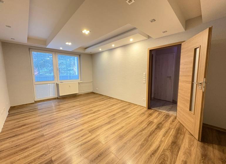 A room in a 3-room apartment with a wood-patterned floor and a large window.