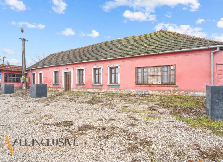 A family house in Šintava with a stone base, pink facade, and wooden windows.