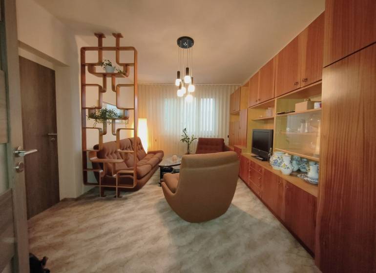 Living room in a three-room apartment with a brown sofa and wooden furniture.