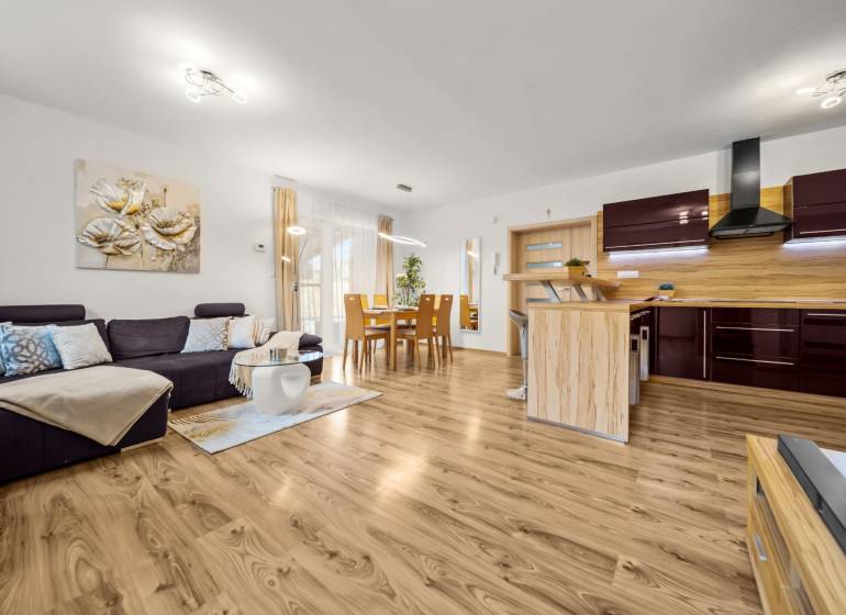 Living room and kitchen in a family house with wood-patterned flooring, comfortable couch.