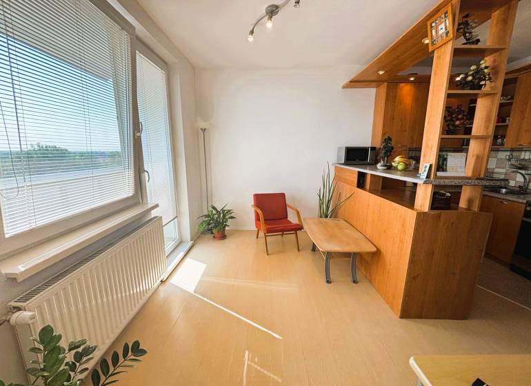 Interior of a 2-room apartment with a wooden decor floor, wooden counter, and light from the window.