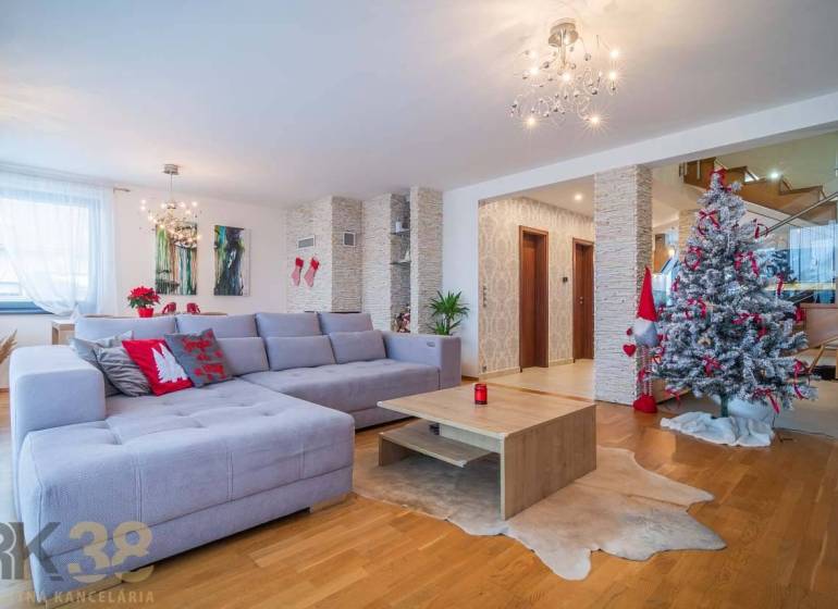 Living room of a family house with a couch, Christmas tree, and wooden decor flooring.