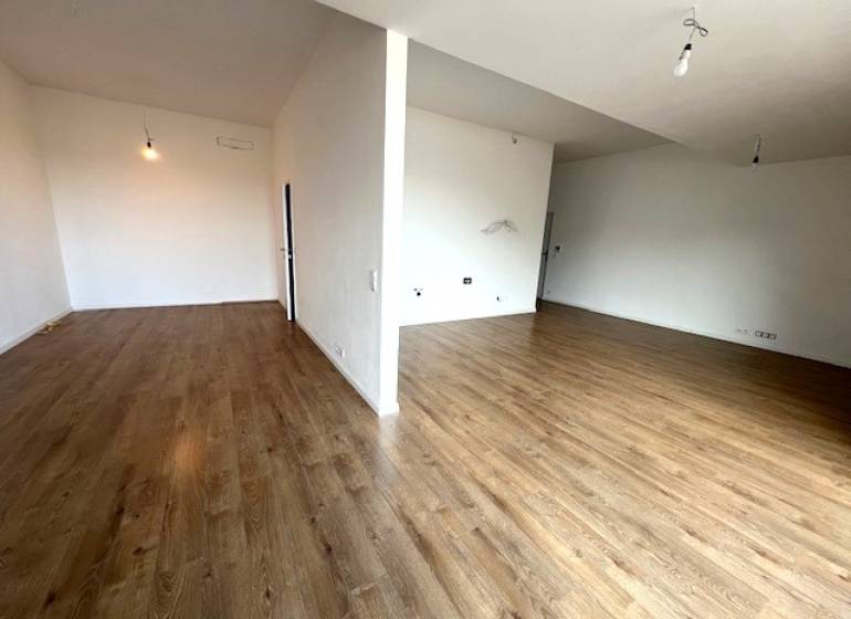 Spacious 2-room apartment with wood-patterned flooring and white walls.