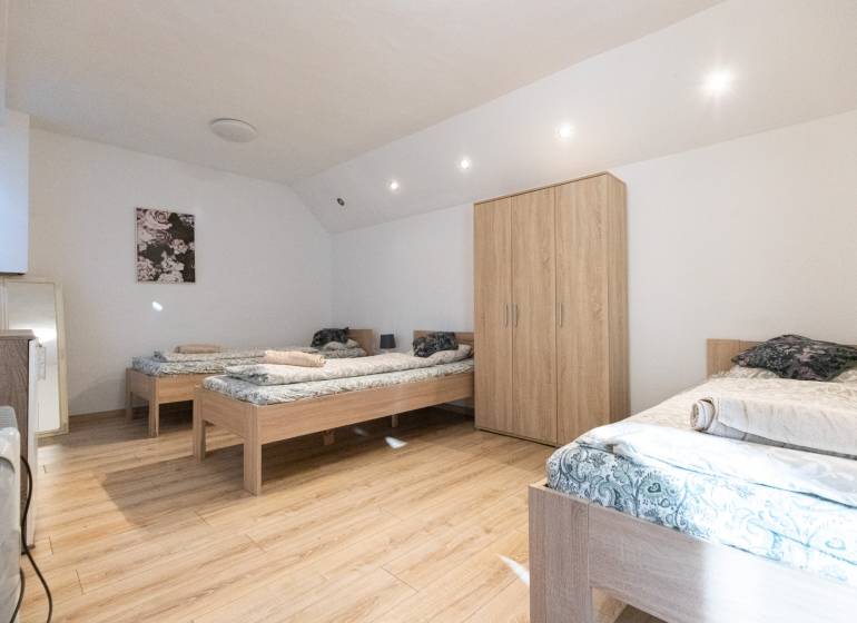 A bedroom in a one-room apartment with three single beds, a wooden decor floor, and a wardrobe.