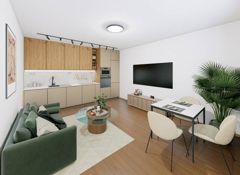 Living room with a kitchenette in a 2-room apartment, floor with a wooden decor.