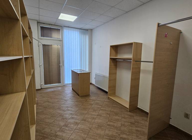 Shelving units and storage spaces with wood-patterned flooring.
