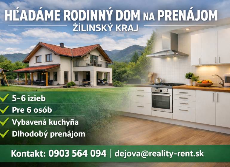 Family house for rent in the Žilina region, modern kitchen, wooden decor flooring.