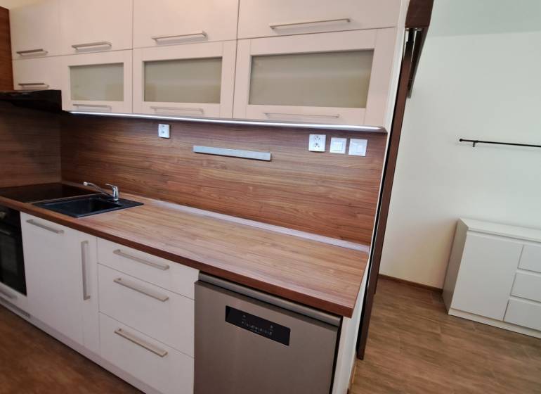 Kitchen in a 2-room apartment, wooden paneling and white cabinets with a dishwasher.