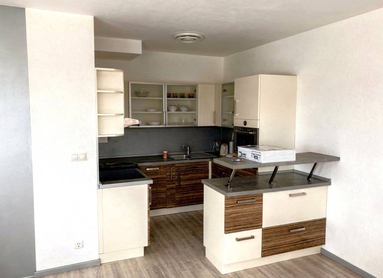 A kitchen in a 2-room apartment with a wood-patterned floor and built-in appliances.