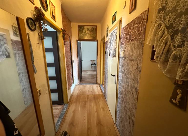 A hallway in a 3-room apartment with a wooden decor floor, decorated walls.