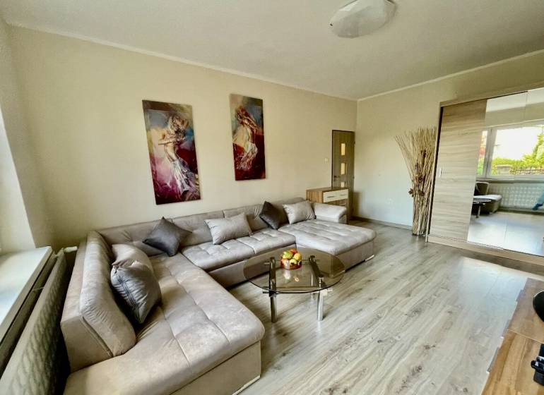 Living room in a two-room apartment with a wooden decor floor and a spacious sofa.