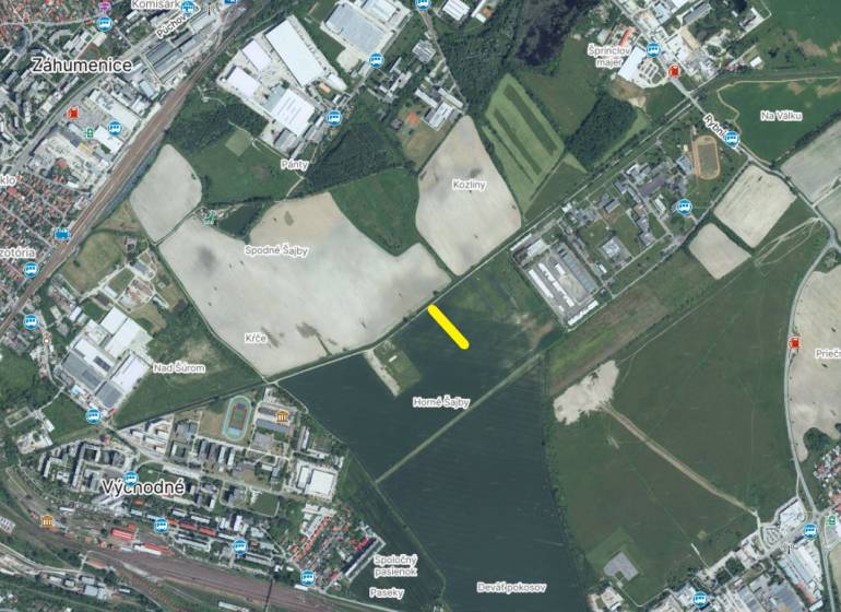An aerial map shows development plots in Bratislava - Rača with surrounding areas.