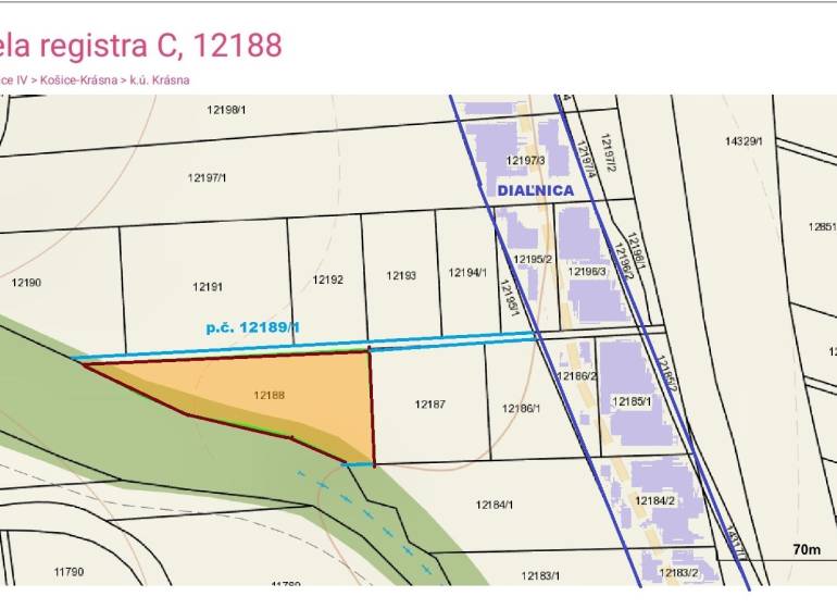 Map of commercial land in the Košice - Krásna district, plot no. 12188.