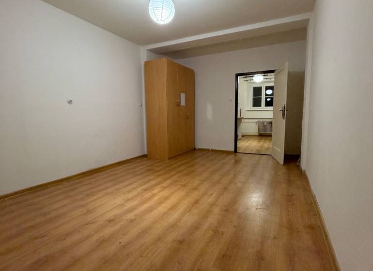 A room with a lamp, a wardrobe, and a wooden-decor floor in a studio apartment.