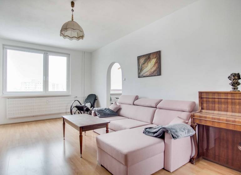 Living room in a 3-room apartment with a wooden decor floor and a comfortable sofa.