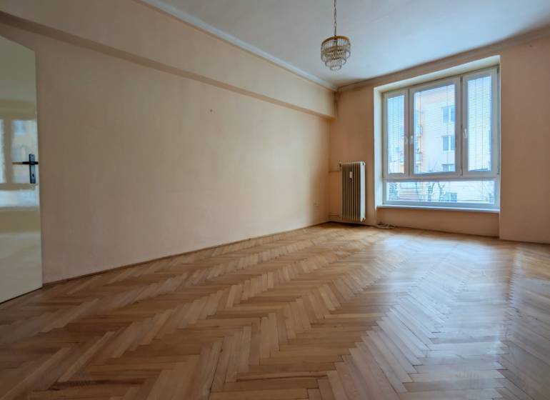 Spacious room in a 2-room apartment with wood-patterned flooring and a large window.
