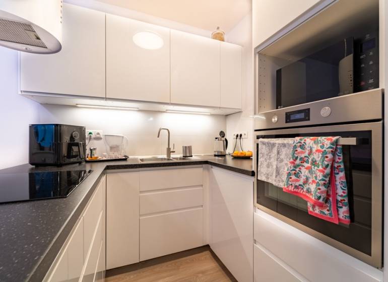 Compact kitchen with a black countertop in a 2-room apartment, floor with wood decor.