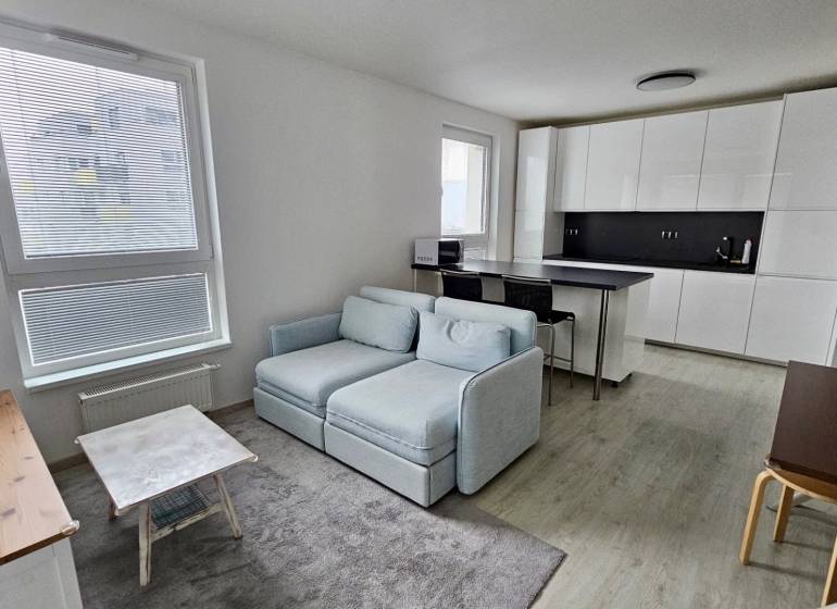 Living room with a kitchenette in a 2-room apartment, bright interior and floor with a wooden decor.
