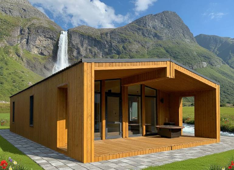 A family house in Seňa with a waterfall and mountains in the background.