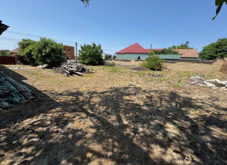 Building plot near a family house in Mužla with a grassy area, trees, and neighboring buildings.
