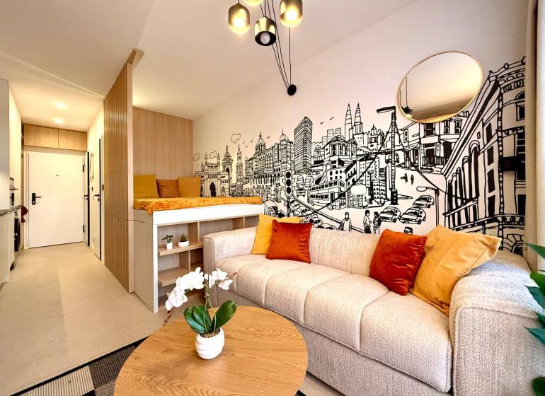 Interior of a 1-room apartment with a comfortable couch, illustrated wall, and wooden decor flooring.