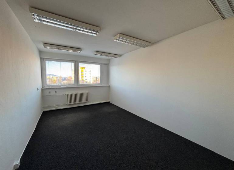 Offices with carpet, white walls, and large windows letting in daylight.