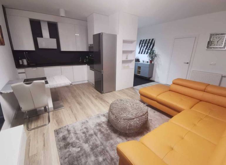Living room connected to the kitchen in a two-room apartment, wooden decor flooring, orange sofa.