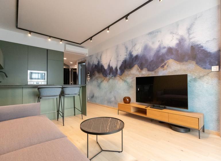 Living room in a two-room apartment, with a wooden decor floor and an artistic wall.